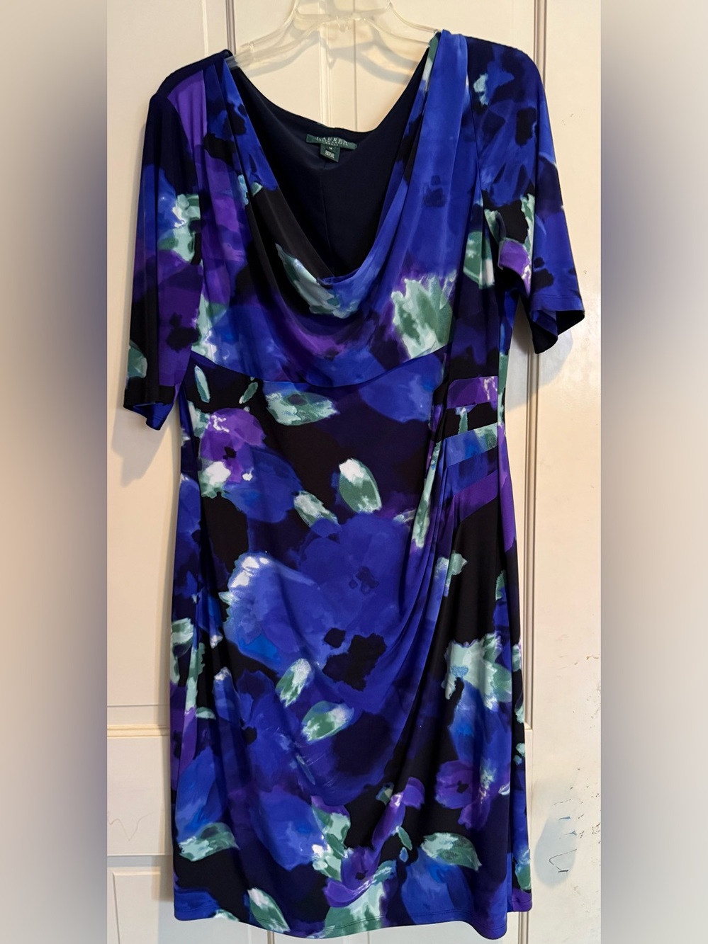 Lauren Ralph Lauren Blue, Purple & Green Floral Draped Neck Stretch Dress